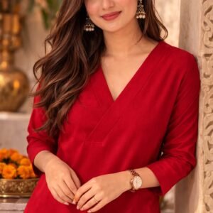 thread plus cotton flax set straight kurti with pant in red color for women